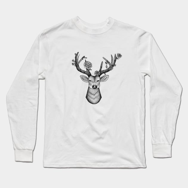 Floral Stag Illustration Long Sleeve T-Shirt by ajillustration